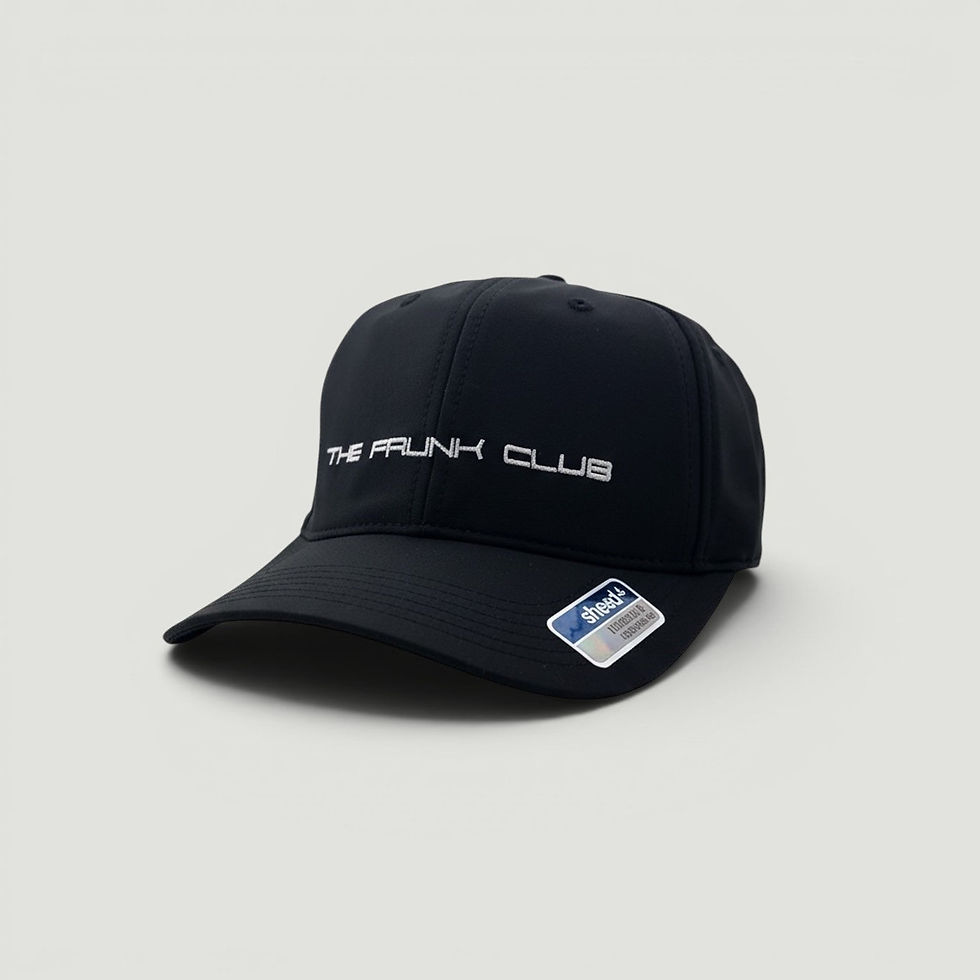 Black baseball cap featuring “THE FRUNK CLUB” embroidery and a small car graphic on the side.