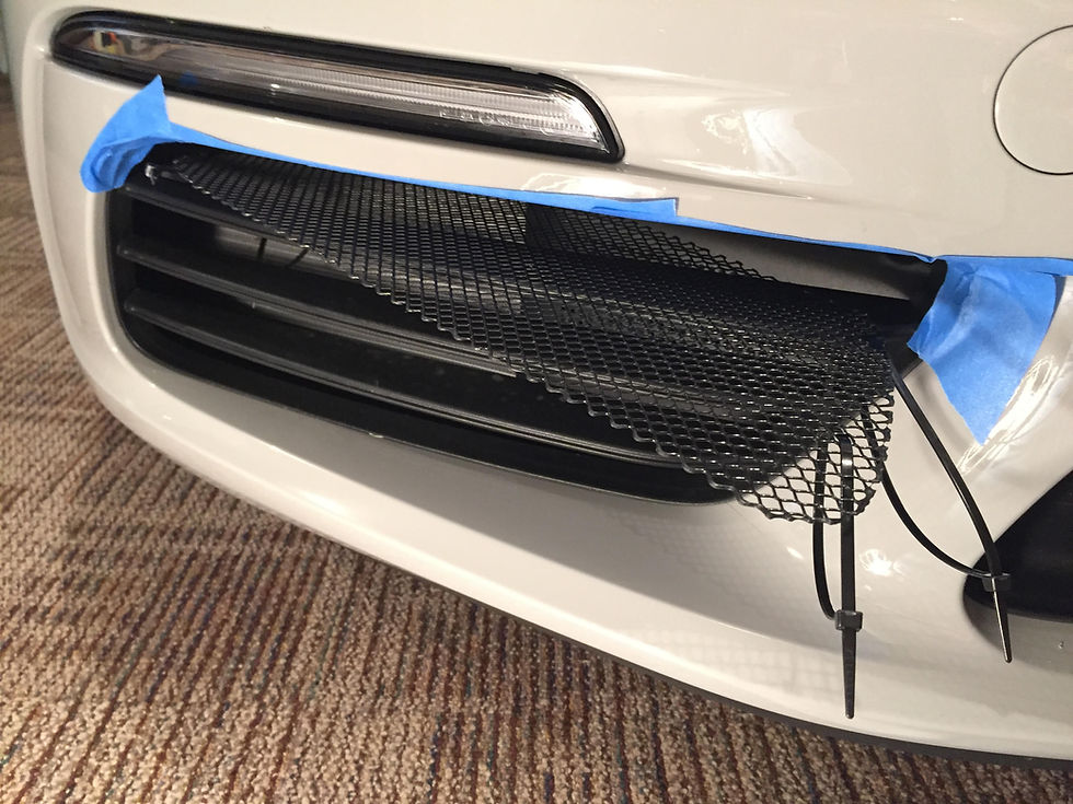 Thumbnail: Close-up of Porsche 718 front radiator mesh grille showing precision fit and mesh pattern