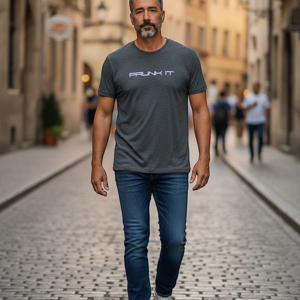 Thumbnail: Man wearing a Frunk It short sleeve t-shirt with additional black, red, and gray shirt color options shown.