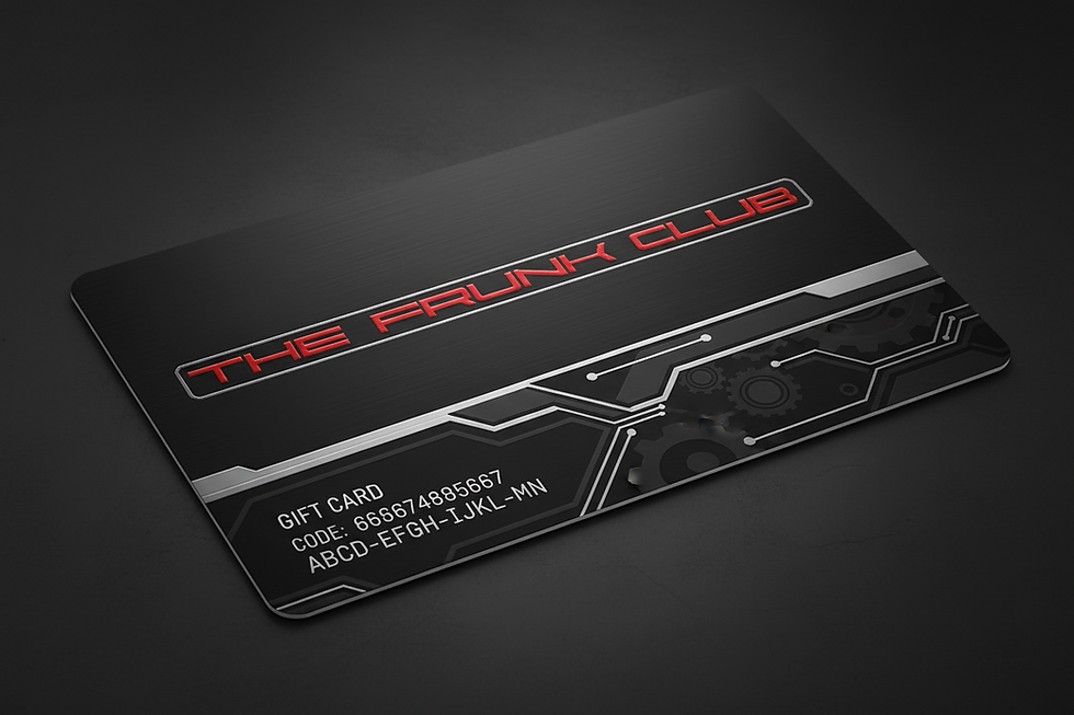 Metallic The Frunk Club gift card with black and silver design, red logo text, and printed redemption code.