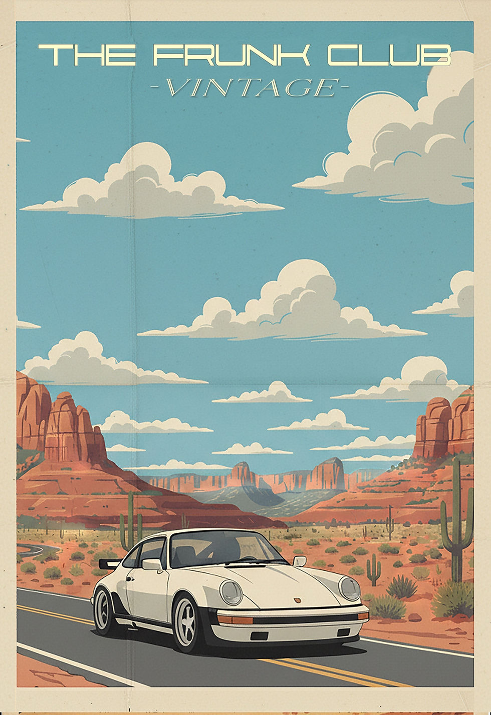 Vintage desert poster featuring a white Porsche 930 convertible on a scenic desert road surrounded by red rocks and cacti und