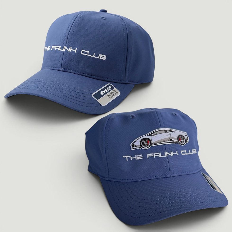 Blue baseball cap with “THE FRUNK CLUB” embroidered on the front and a small car graphic on the side.