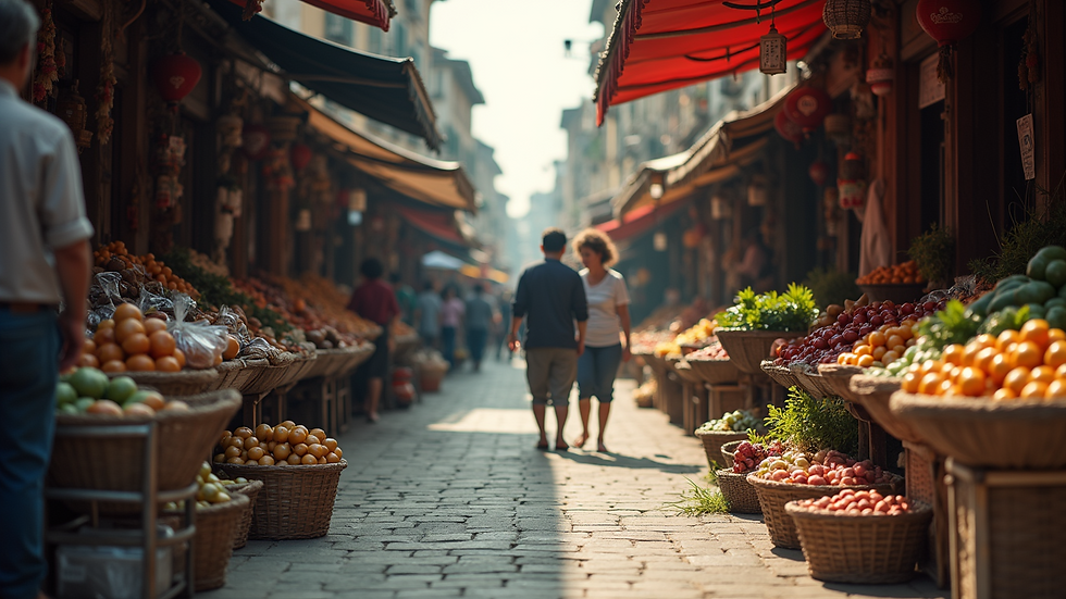 Eye-level view of a bustling street market with local crafts and produce