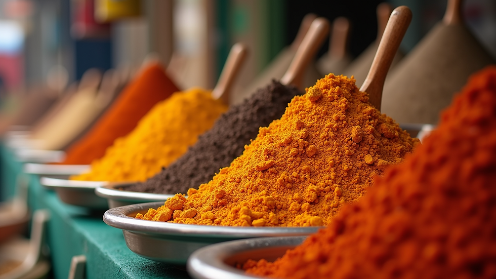 Close-up view of a vibrant market stall filled with local spices