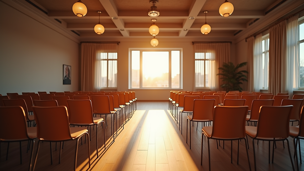 Eye-level view of a conference room set up for a spiritual workshop