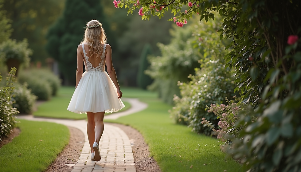 Eye-level view of a chic short wedding dress displayed on a mannequin