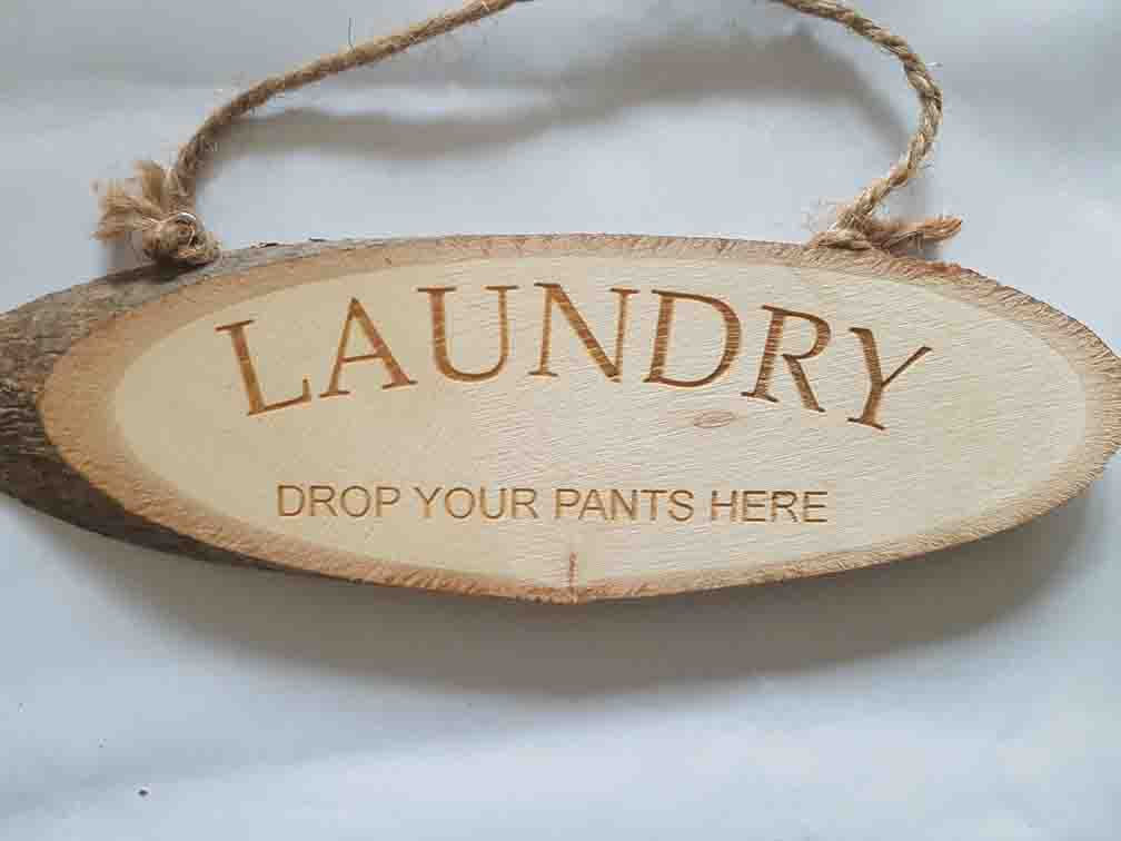 Wooden Log Slice Hanging Door Sign - Laundry
