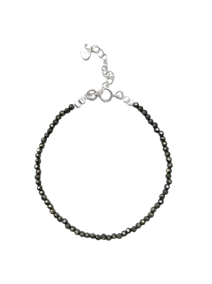 Pulseira feminina em prata 925 com pedras naturais Pirita facetadas e extensor ajustável