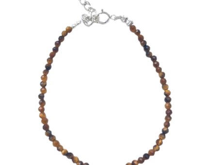Pulseira com pedra Olho de tigre natural e extensor prata 925