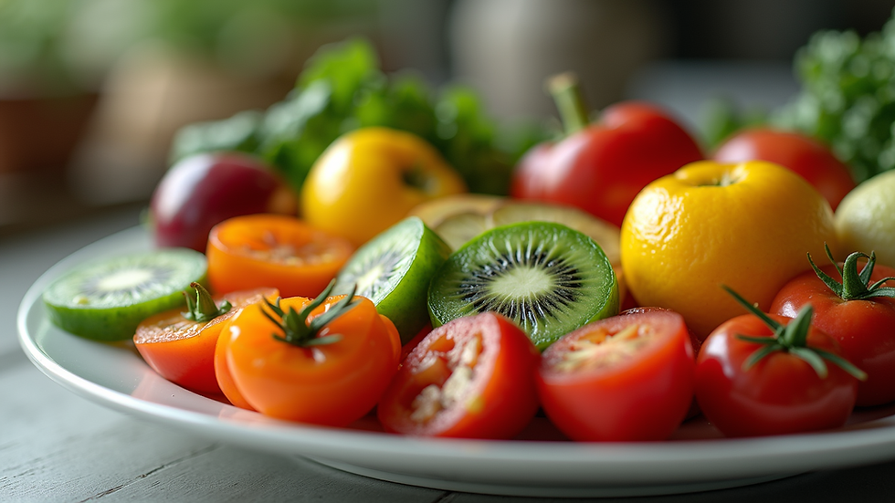 Close-up view of a colorful plate filled with fresh fruits and vegetables