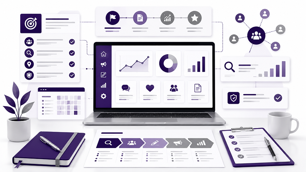 Fractional healthcare marketing strategy dashboard with planning tools, audience insights, performance data, and implementation checklists.