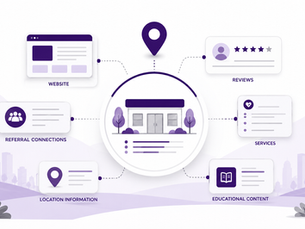 Illustration of a healthcare practice connected to local SEO elements, including a website, map location, reviews, services, educational content, and referral connections.