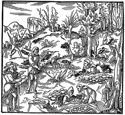 Holzstich: Rutengänger suchen nach Bodenschätzen (aus Agricola; 1556)