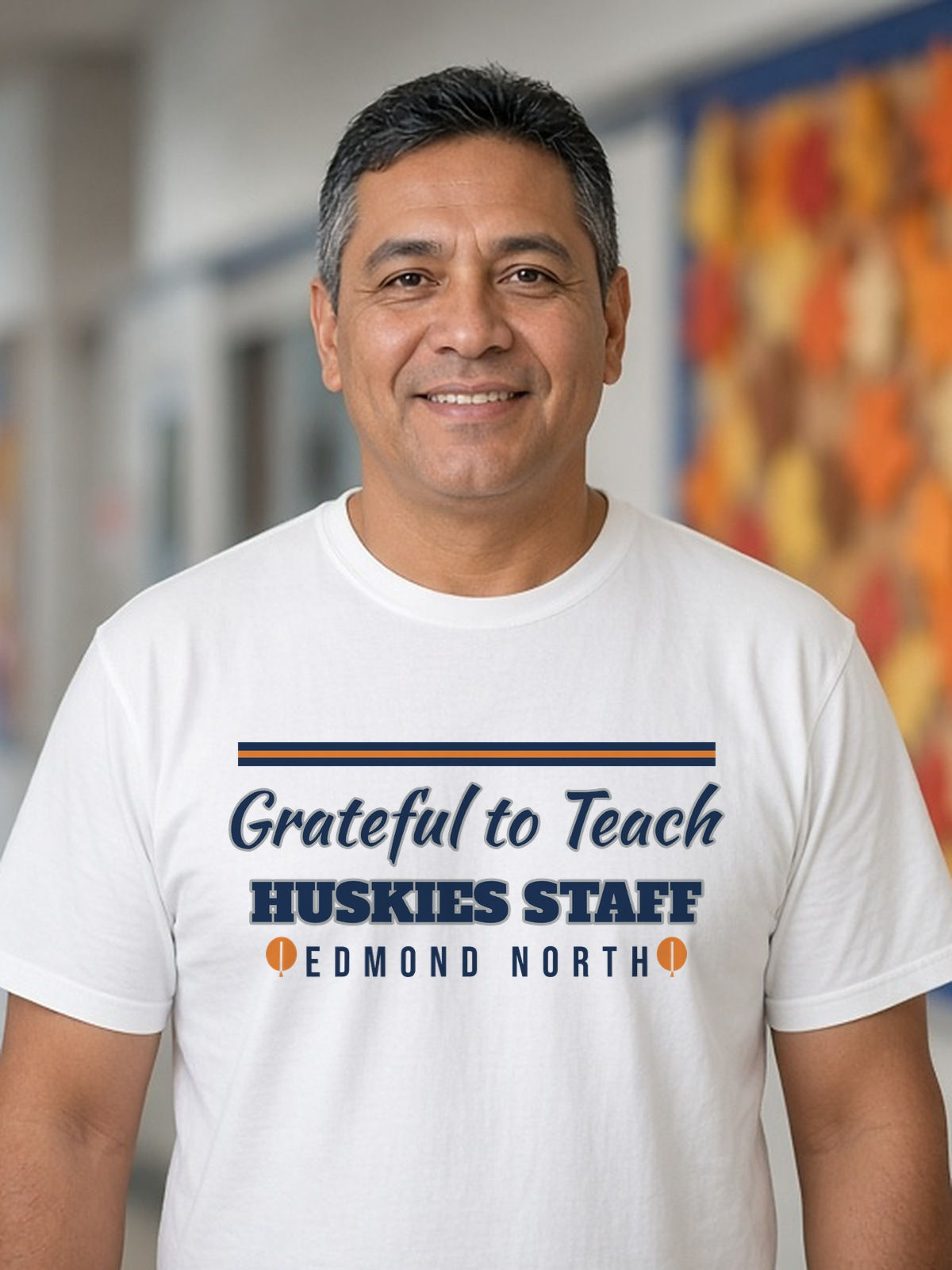 Edmond North Huskies Grateful to Teach Tee — Navy-Silver on White