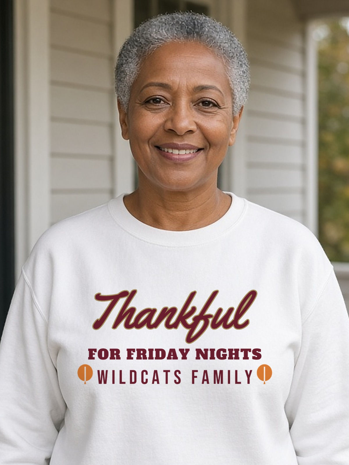 Cashion Wildcats Thankful Family Crewneck — Maroon-Gold on White