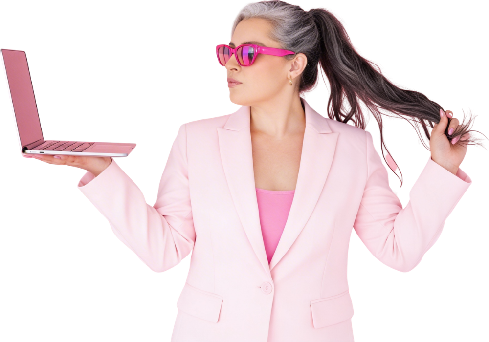 Alexa in a pink blazer and pink sunglasses, holding a laptop in one hand and her ponytail in the other