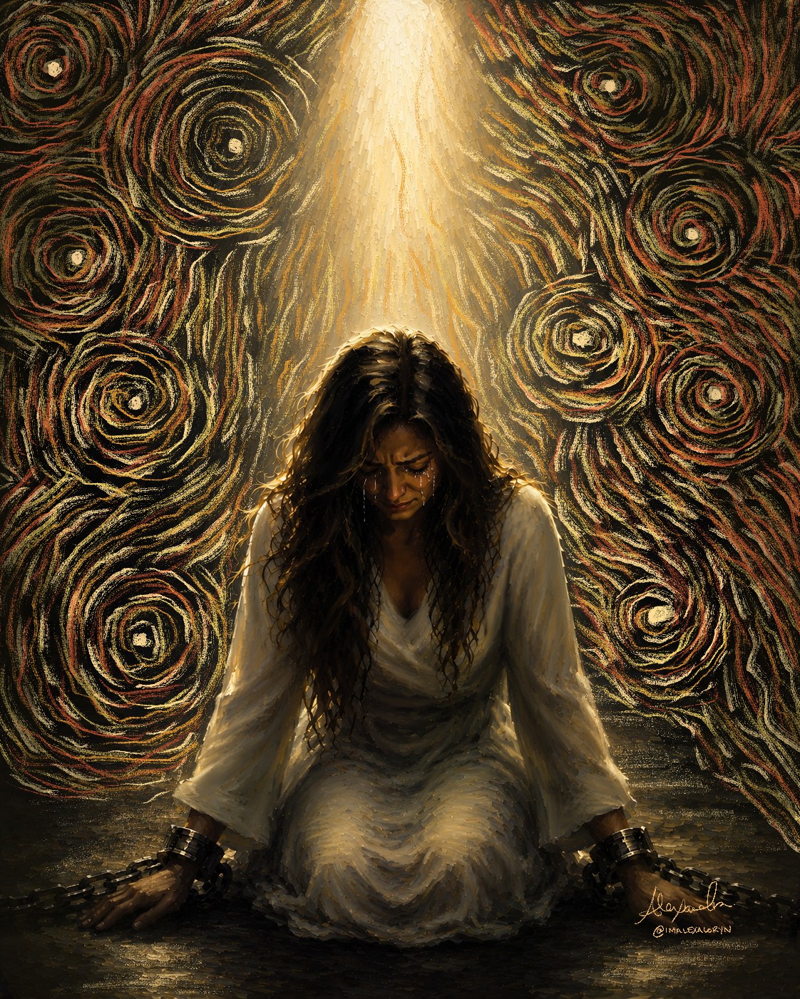 A weeping woman in white kneeling in chains as light pours down through golden swirls