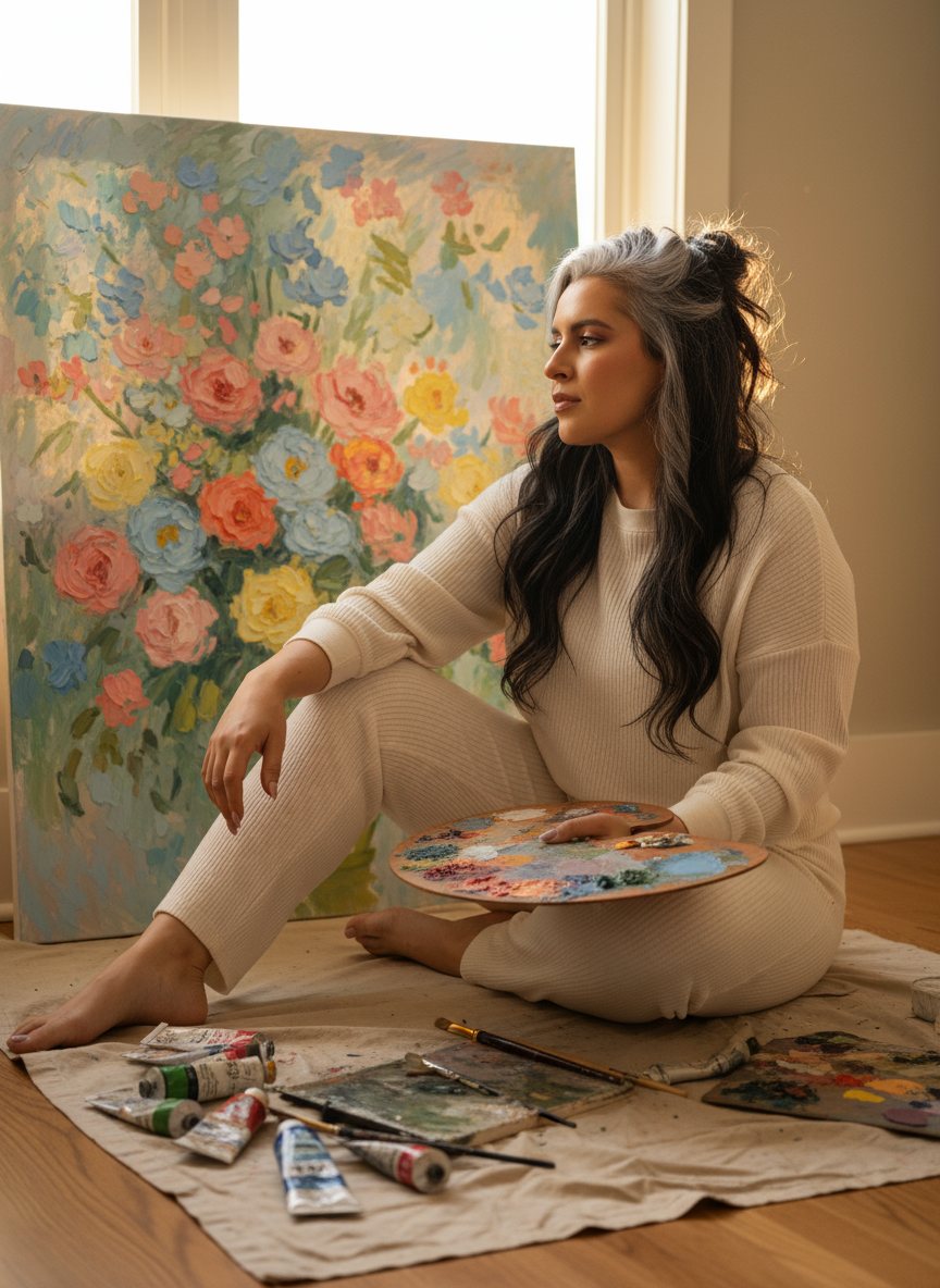 Alexa on her studio floor with a palette in front of a floral canvas