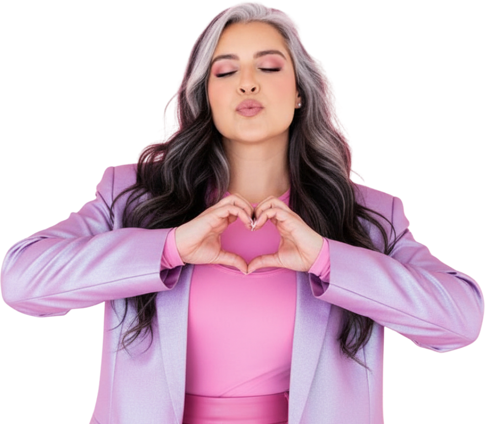 Alexa Loryn in a lilac blazer making a heart with her hands