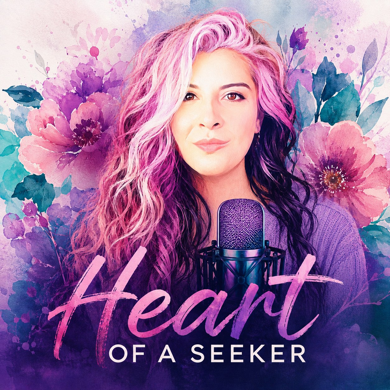 Alexa’s illustrated Heart of a Seeker portrait with a microphone