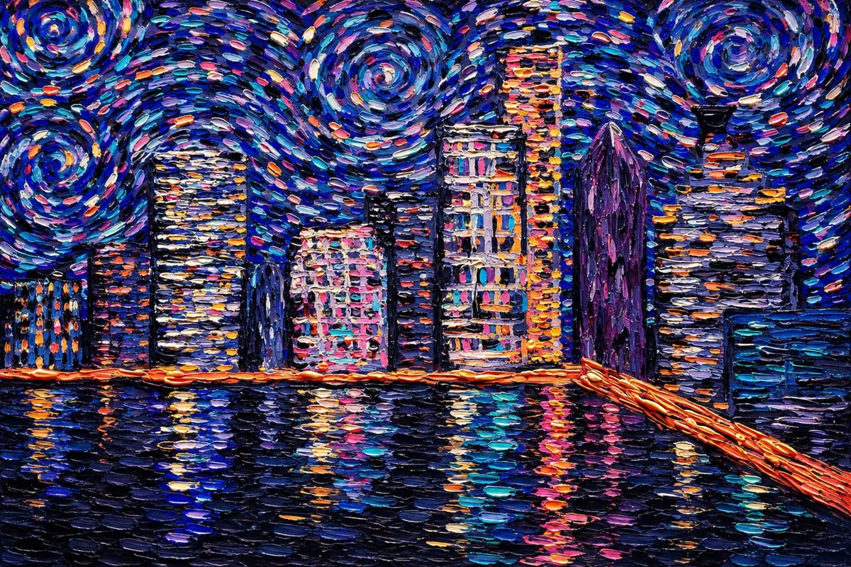 A city skyline glowing over the water at night