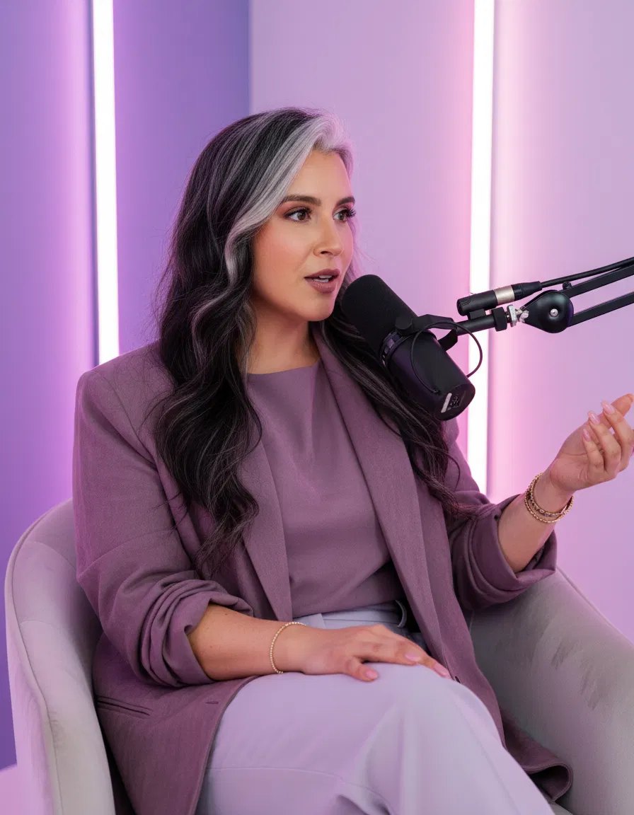 Alexa speaking at a podcast microphone in a lavender studio