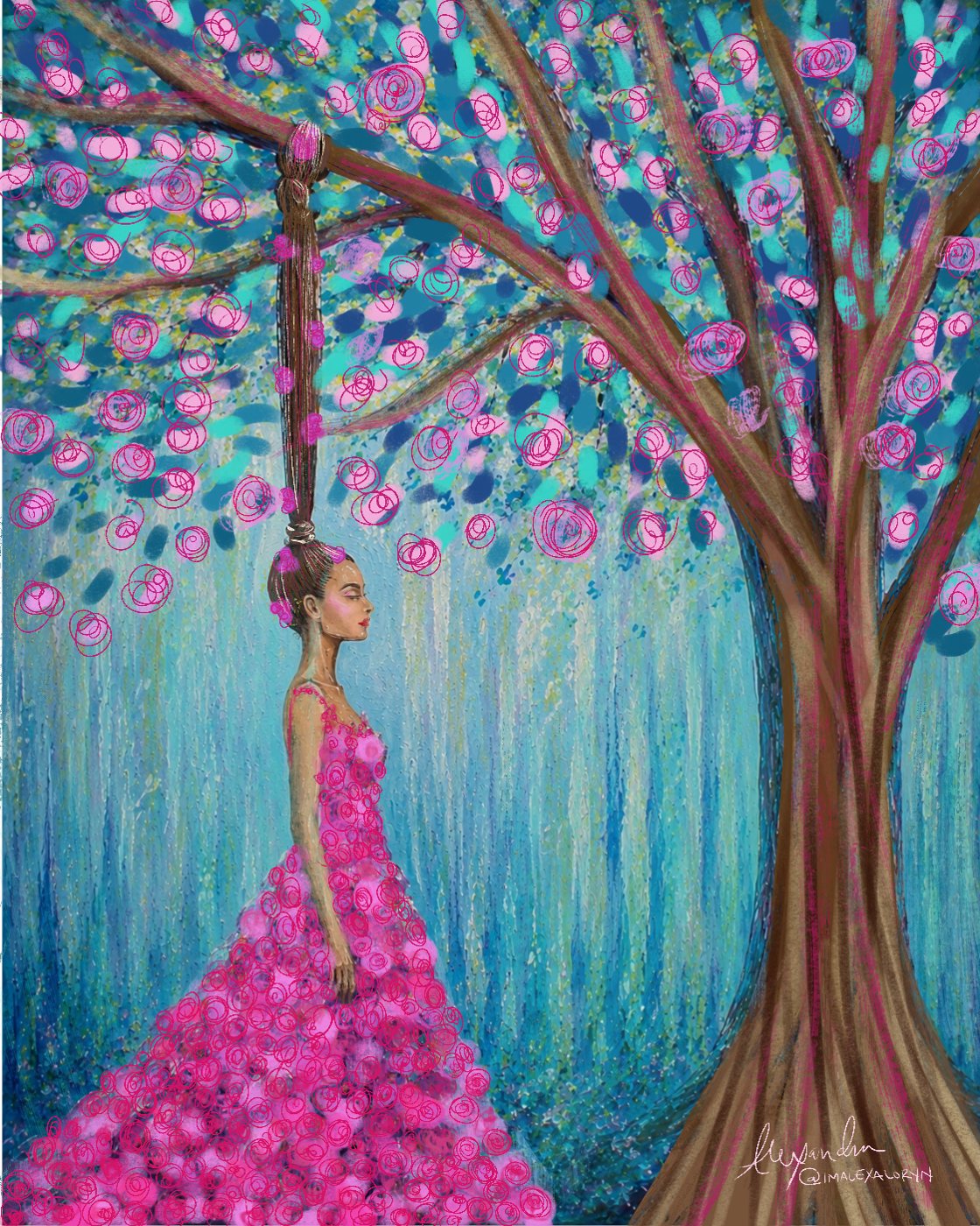 Woman in a pink rose gown beneath a turquoise tree