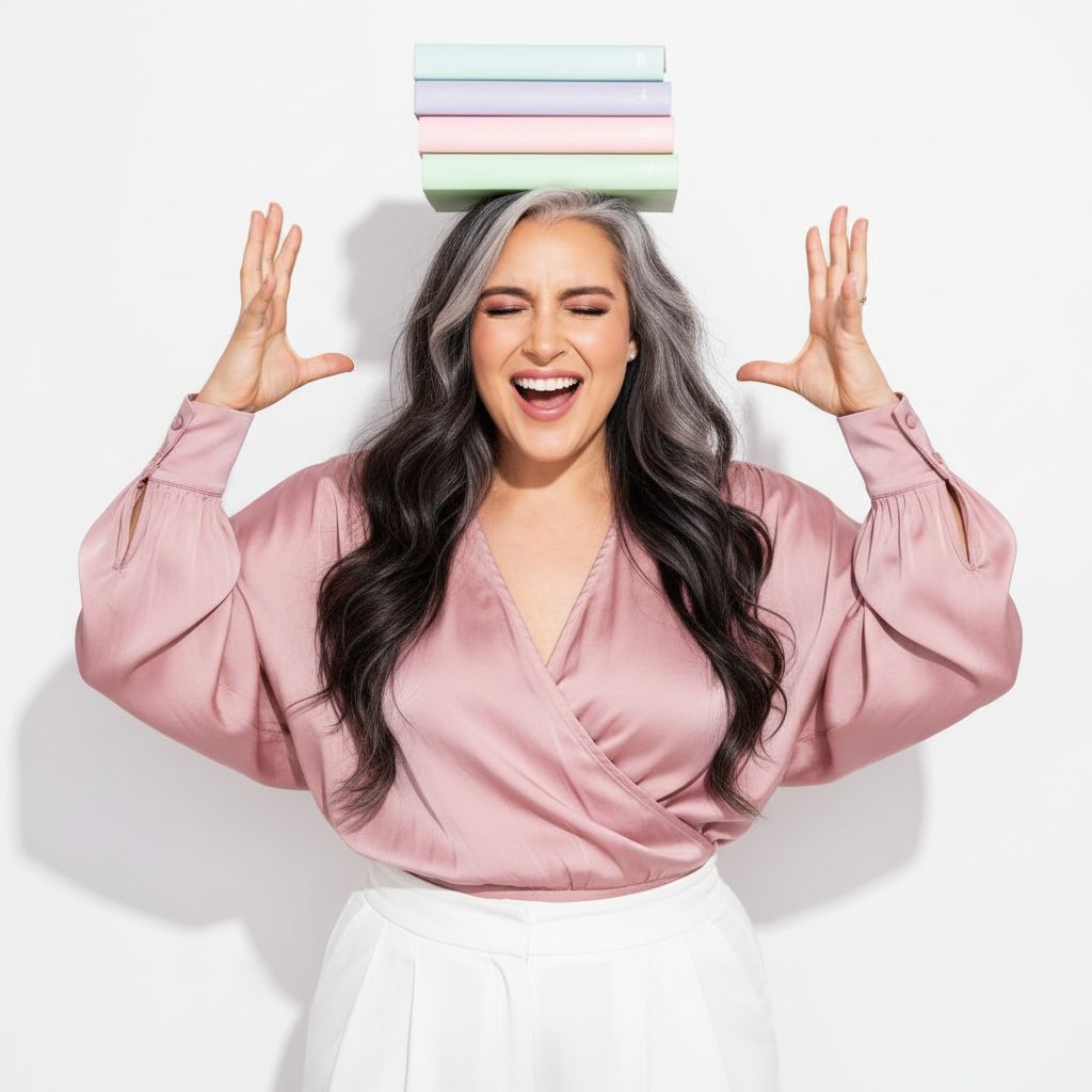 Alexa smiling with a stack of journals balanced on her head