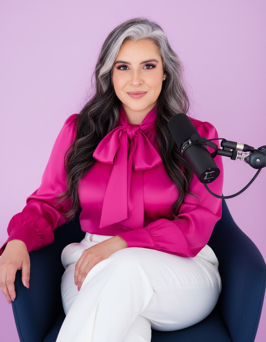 Alexa in a pink bow blouse seated at a podcast microphone