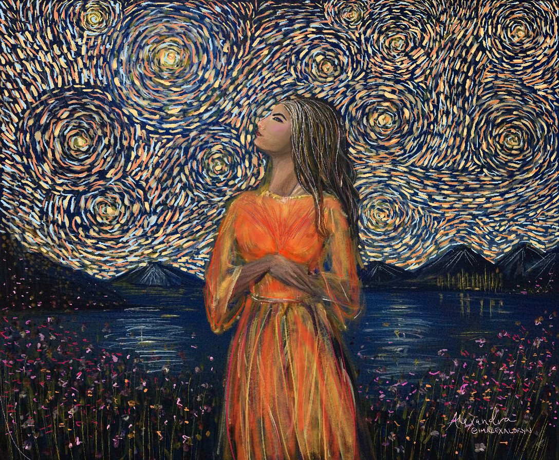 Woman in orange under a swirling starry sky