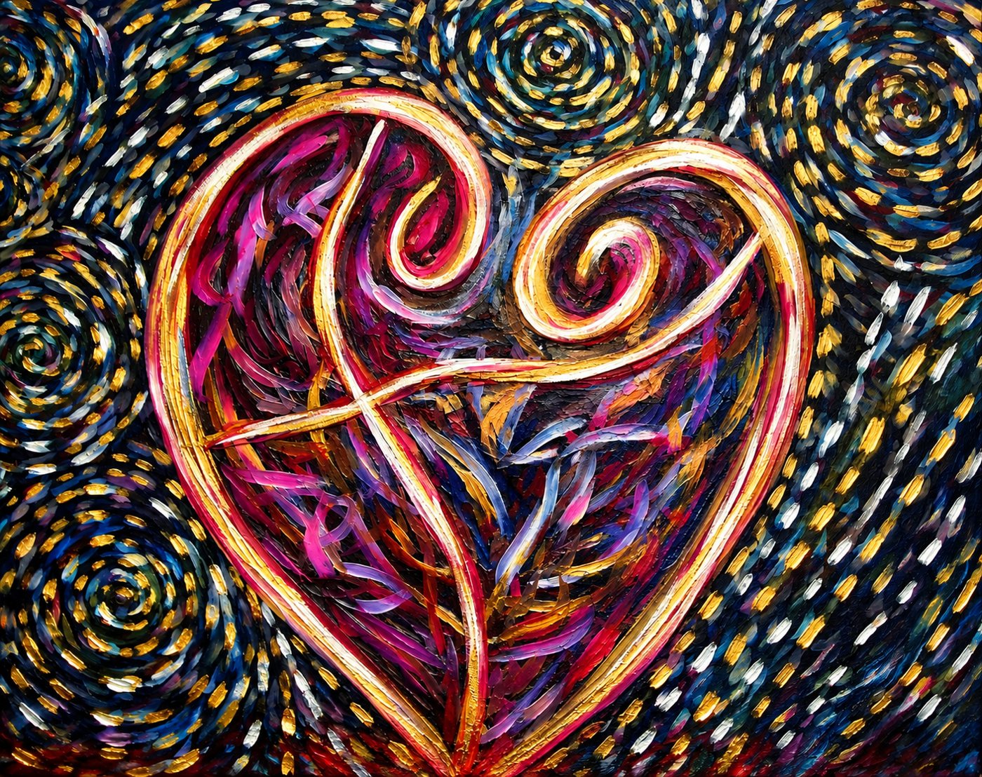 Glowing heart and cross on a swirling night sky