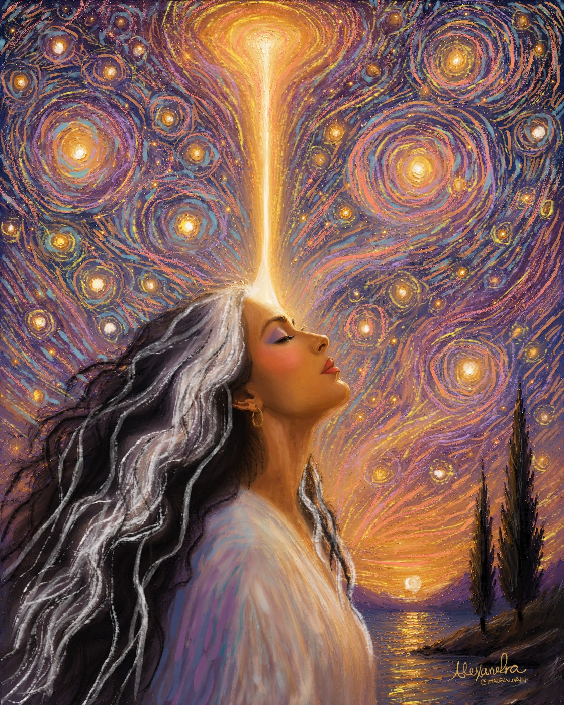 Alexa’s self-portrait in profile beneath a swirling starry sky, anointing oil pouring down onto her head