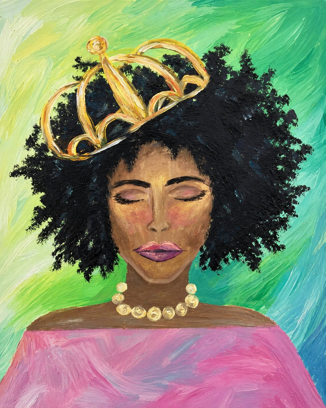 Woman with a golden crown on a green background
