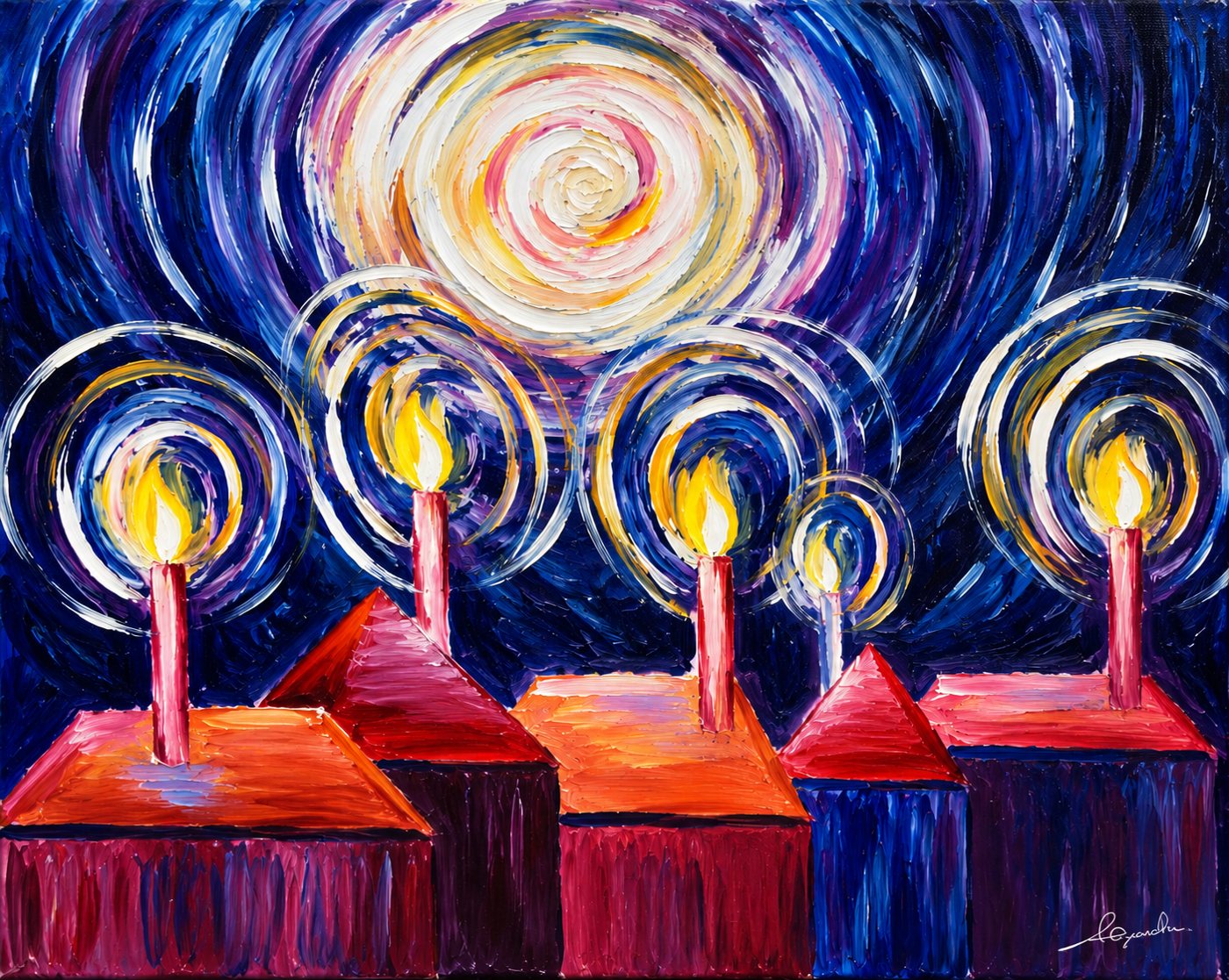 Glowing candles on rooftops under a swirling moon