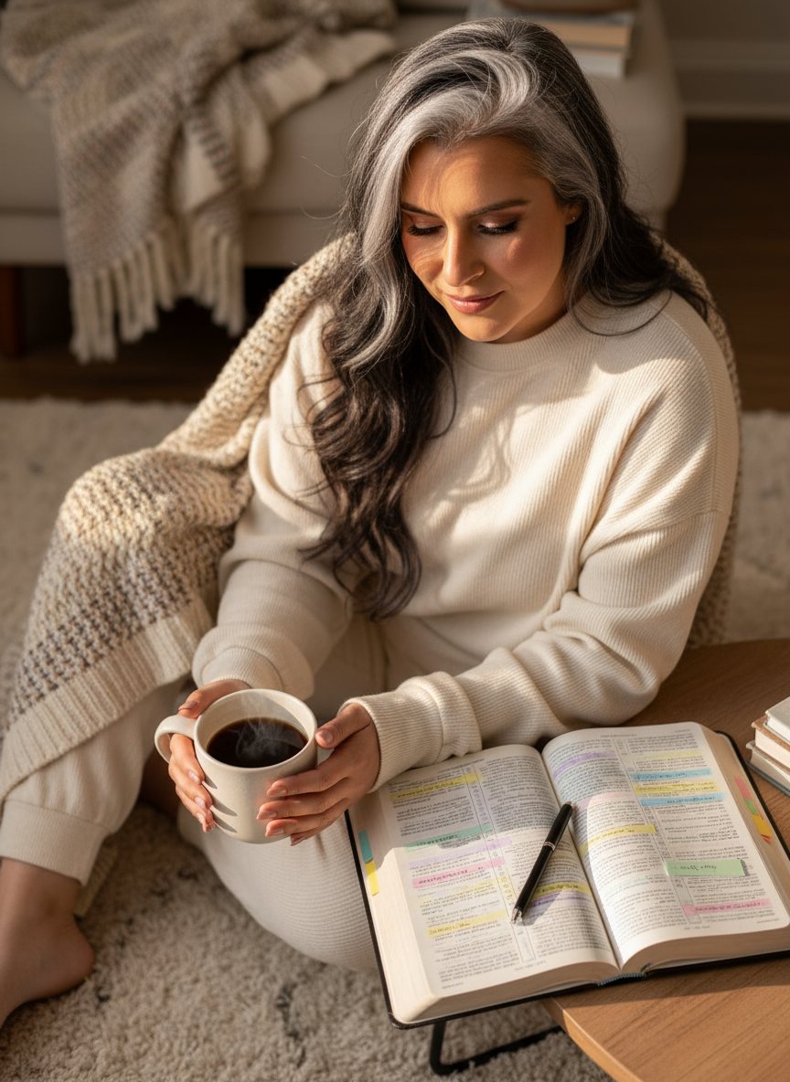 Alexa holding a cup of coffee while reading her Bible