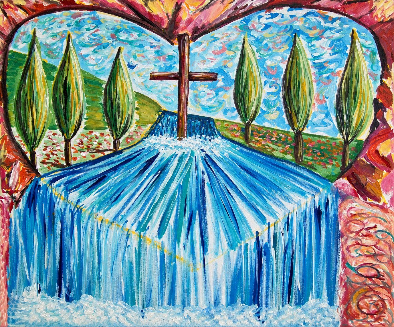 Waterfall flowing from a cross inside a heart