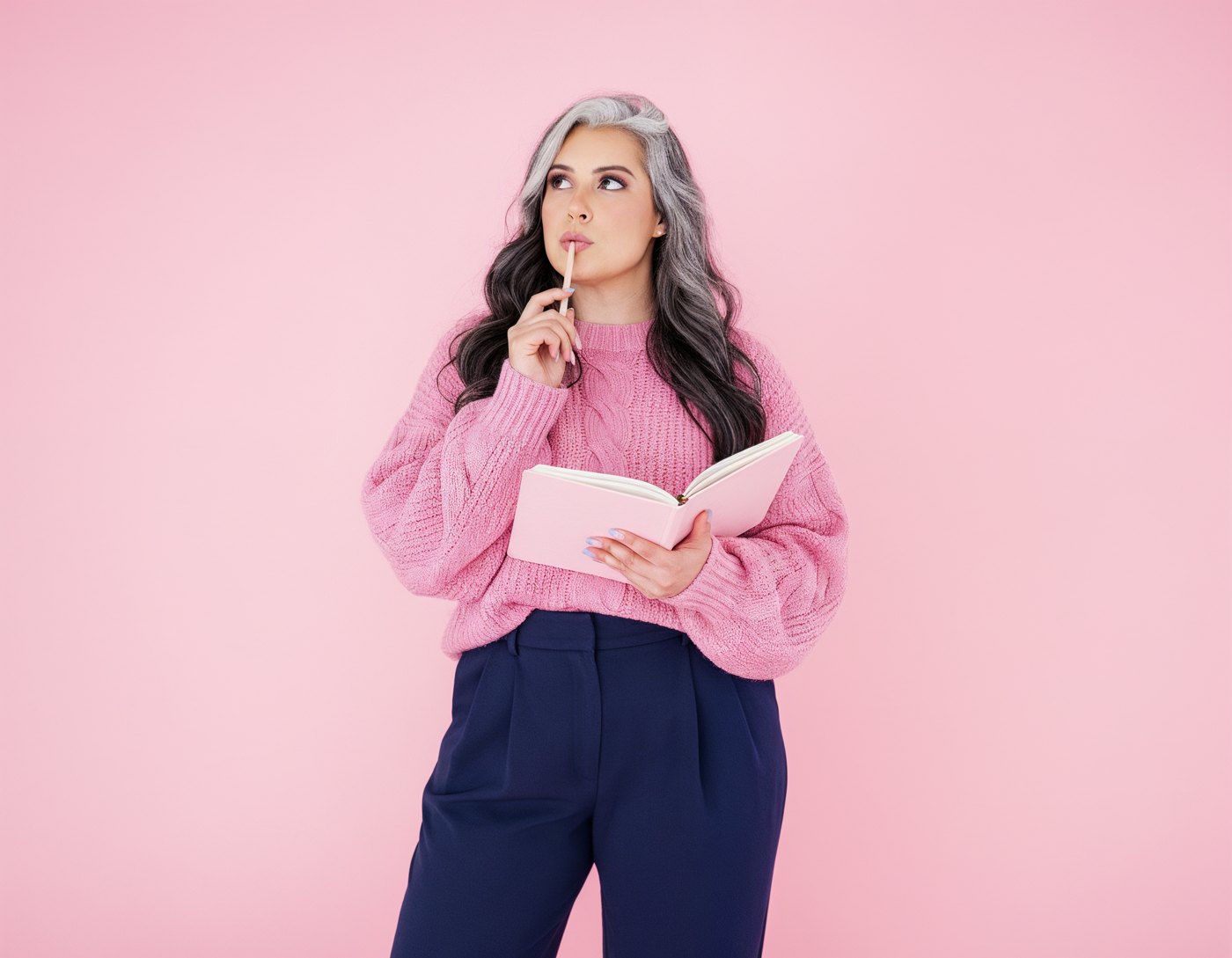 Alexa in a pink sweater holding her journal and pen, deep in thought