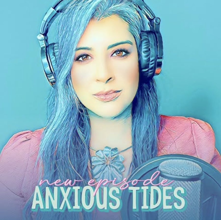 Alexa’s Anxious Tides episode artwork: a painted portrait of her in headphones at a microphone