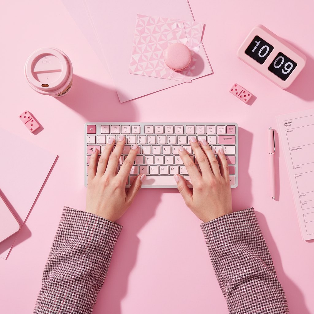 Hands typing on a pink keyboard on a pink desk