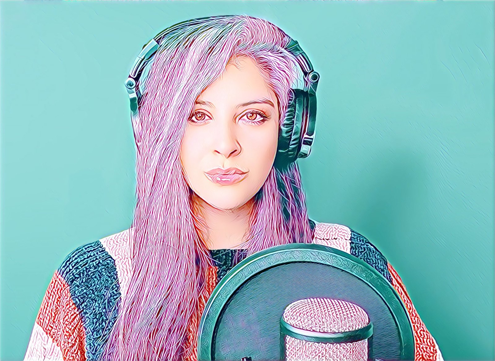 Artistic portrait of Alexa in headphones at a microphone