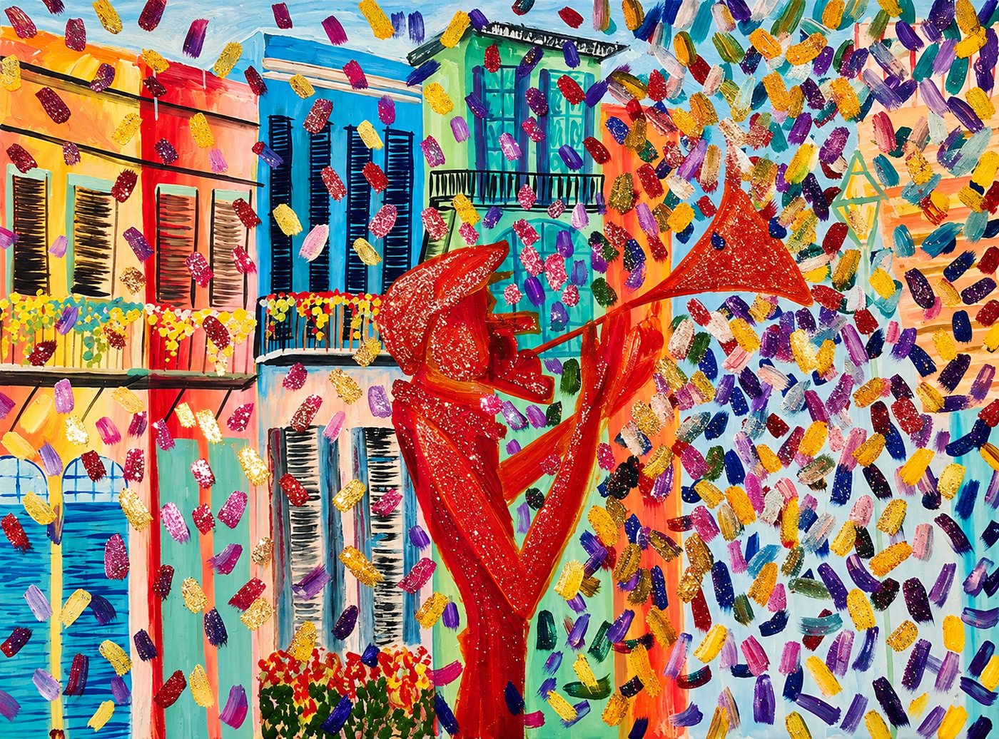 Trumpet player on a confetti street