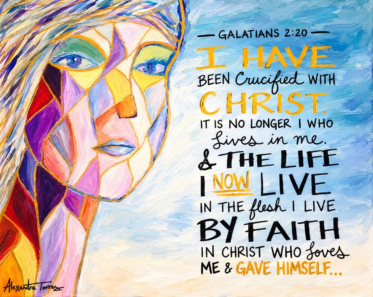 A colorful mosaic face beside the words of Galatians 2:20