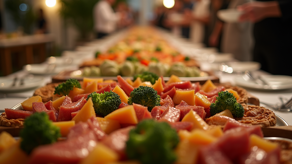 High-angle view of a lavish wedding buffet spread