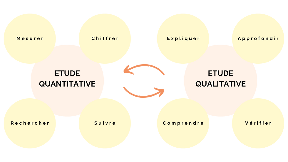 Etude quantitative : rechercher, mesurer, chiffrer, suivre
Etude qualitative : expliquer, approfondir, comprendre, vérifier