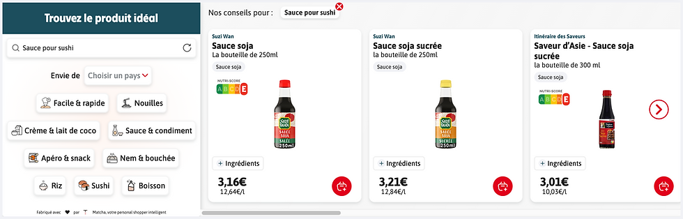 La solution de recommandation produit Matcha Advisor sur le rayon Saveurs asiatiques.