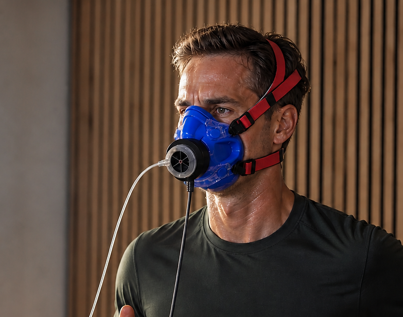 Mann läuft auf Laufband mit blauer Atemmaske.