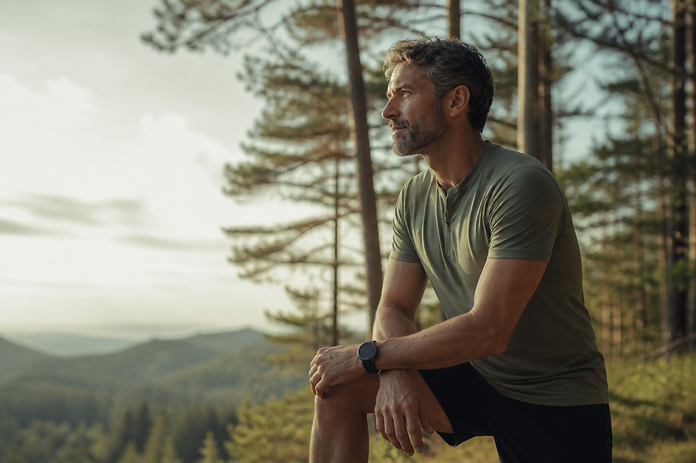 Mann mit Smartwatch blickt in die Natur