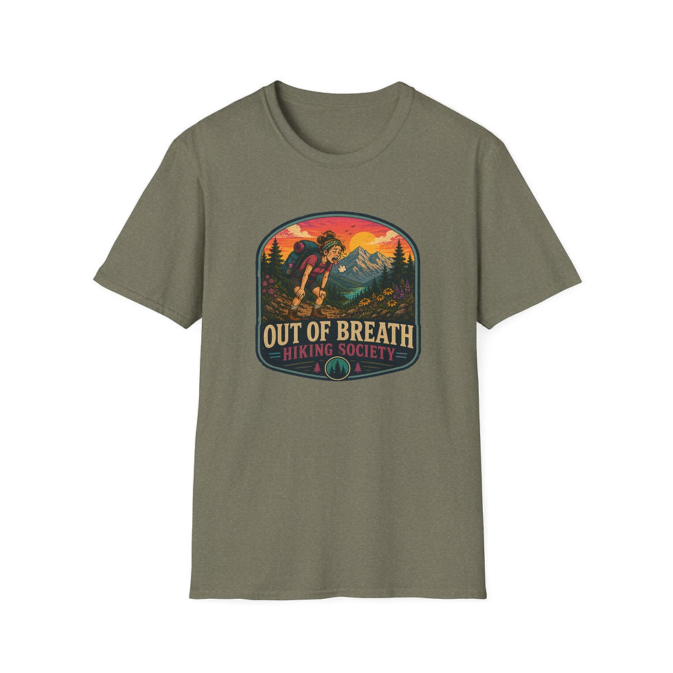 Thumbnail: Hiking T-Shirt — "Out of Breath" (Female) Retro Mountain Hiker Tee