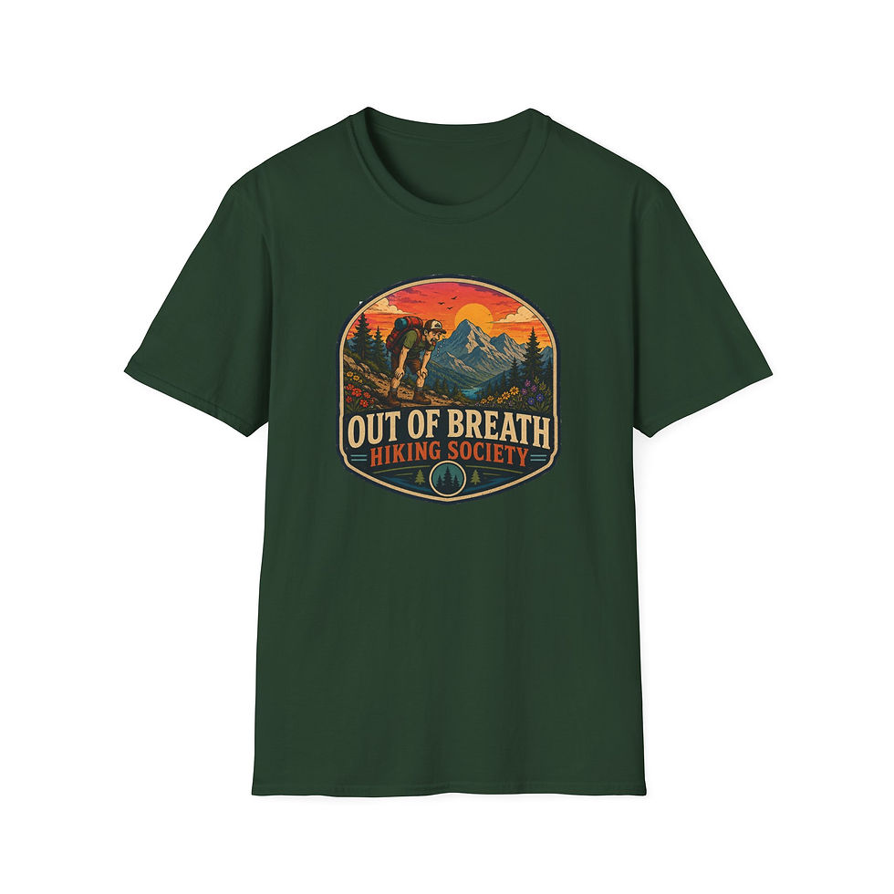 Thumbnail: Hiking T-Shirt — "Out of Breath" (Male) Retro Mountain Hiker Tee
