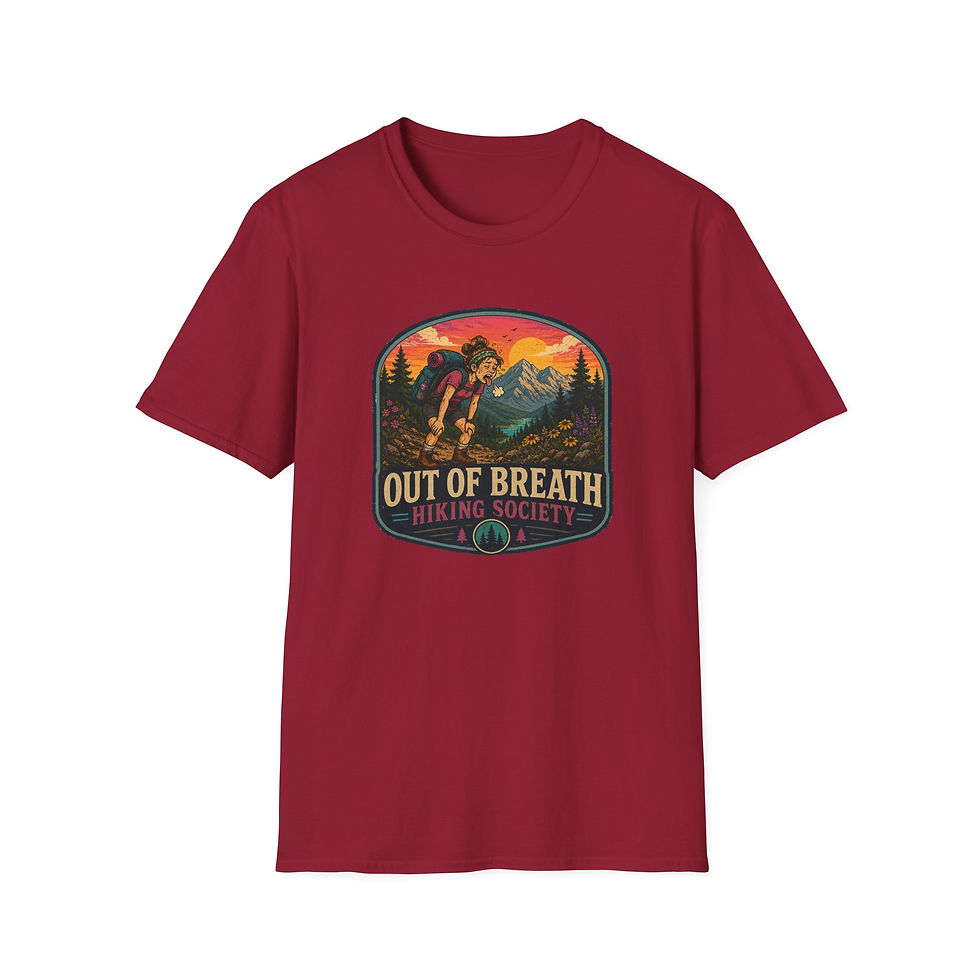 Thumbnail: Hiking T-Shirt — "Out of Breath" (Female) Retro Mountain Hiker Tee